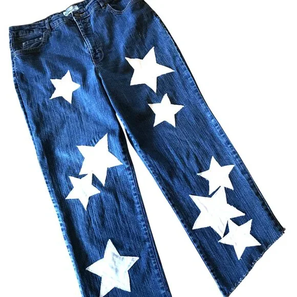 Upcycled Patchwork Jeans, Cropped Denim Hippie Pants with White Stars Size 16 - Picture 6 of 13